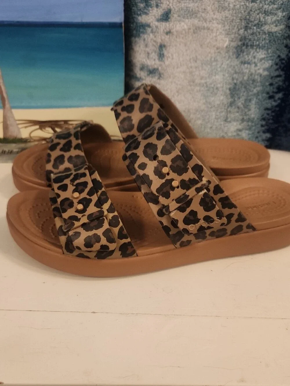 CROCS Women's Leopard Print Tan Slide Sandals